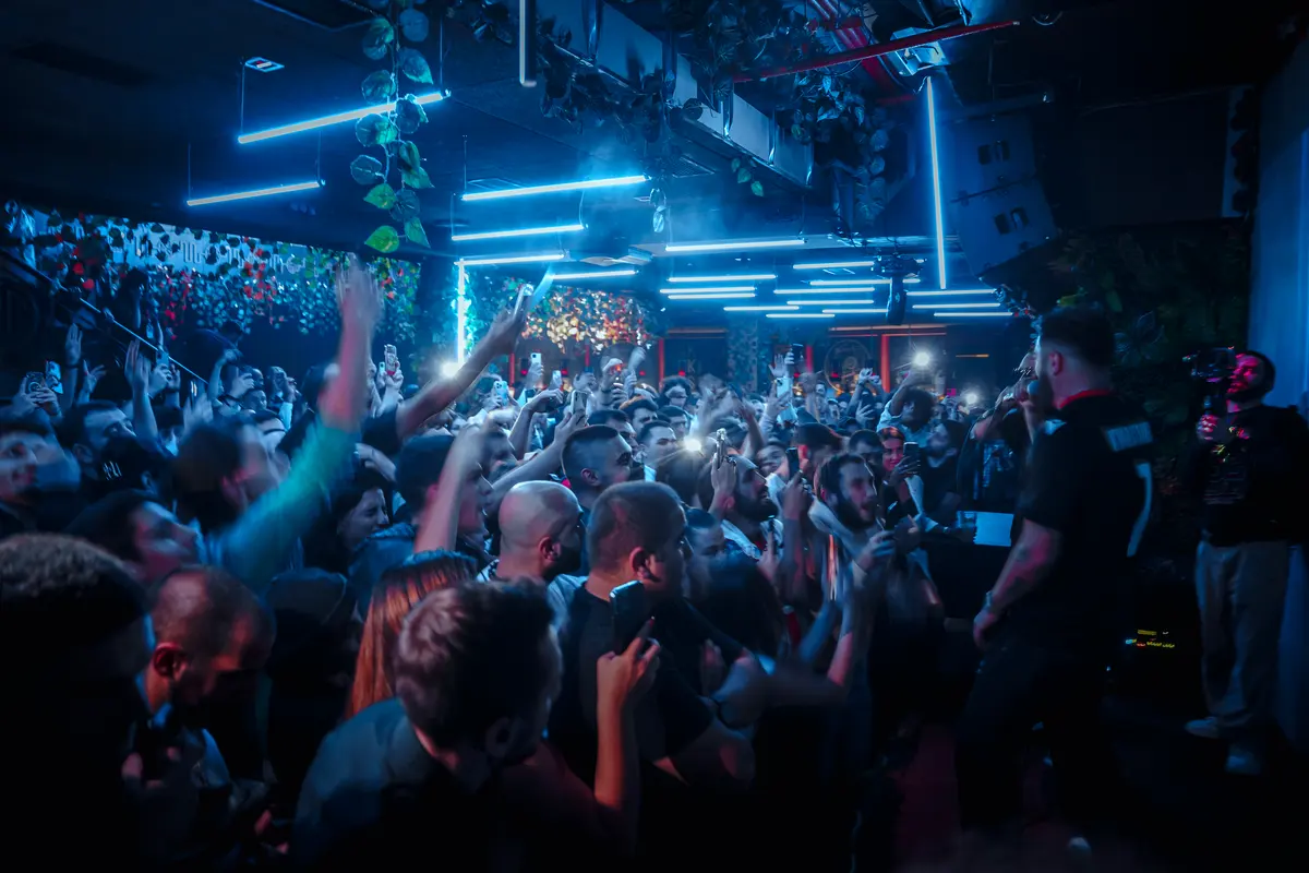 DJ playing over a packed crowd tonight at Sakhelosno BAR Tbilisi
